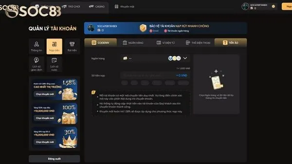 Hướng dẫn tân thủ cách nạp tiền vào nhà cái Soc88 dễ dàng, thành công